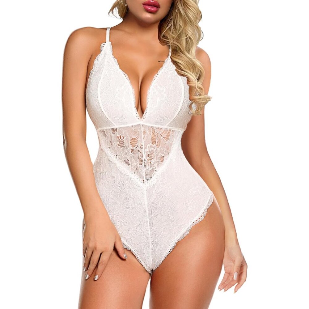 💫 Women White Lingerie Sexy Lace Snap Crotch Deep V Teddy One Piece Bodysuit